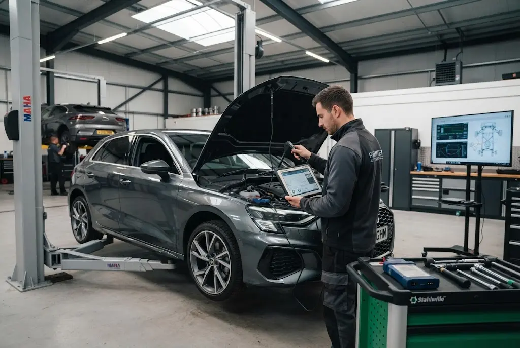 AI auto inspection services using digital vehicle diagnostics in a modern workshop