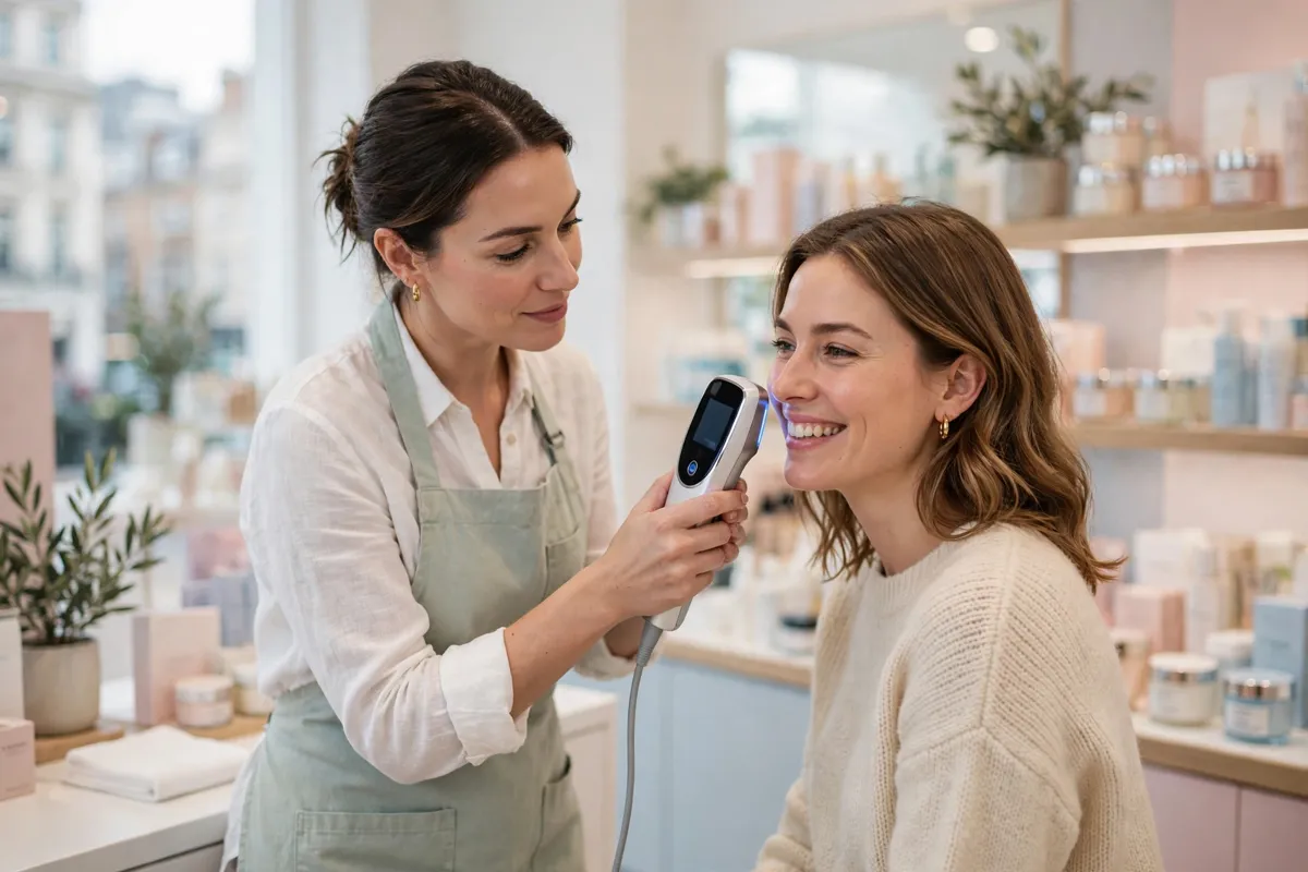 AI skin analysis in a UK beauty store, with a consultant using a digital skin scanner