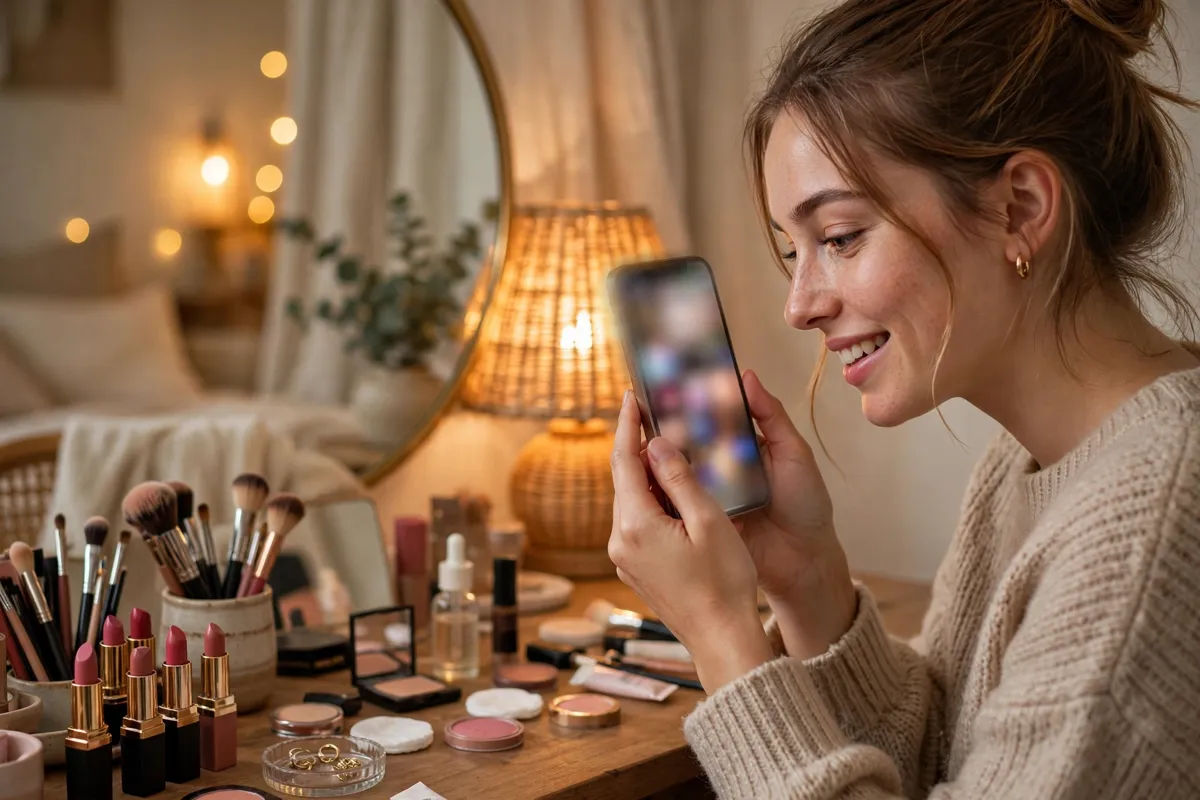 virtual beauty try on with a smartphone camera previewing makeup shades on a face